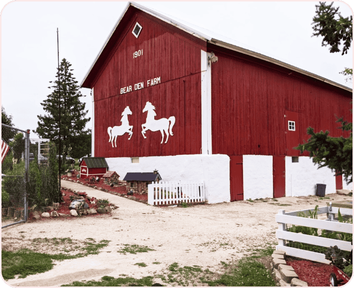The barn at Bear Den Farm, a family-run petting zoo